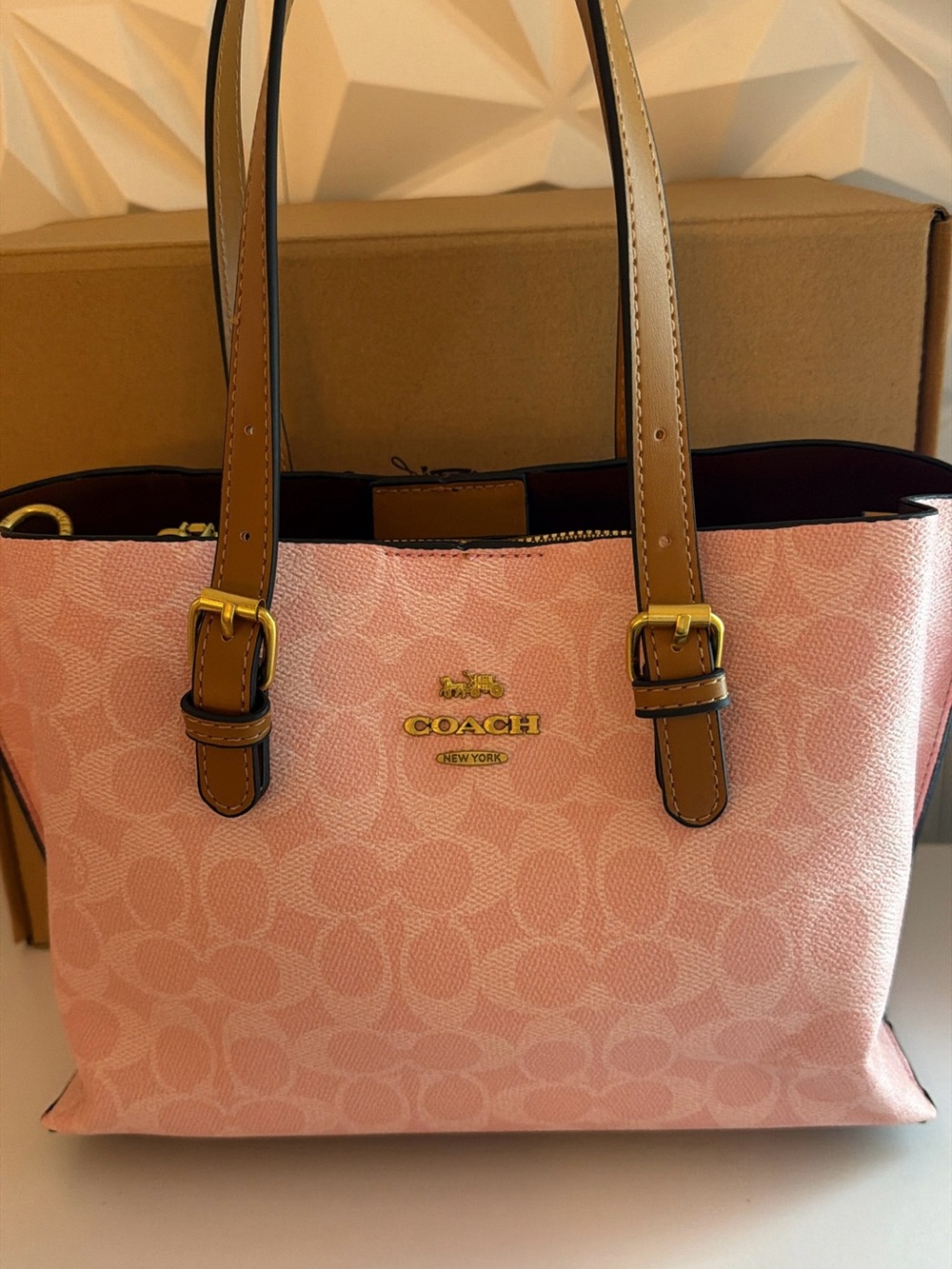 Coach Pink Signature Tote with Tan Leather Straps